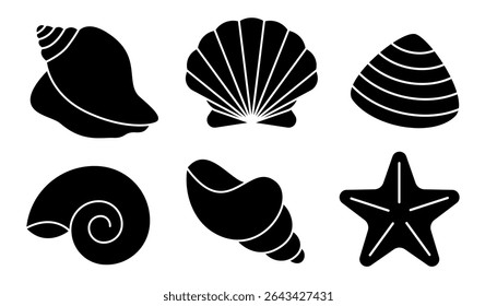 Sea shell black icon collection. Clam, starfish, seashell, conch, cockleshell