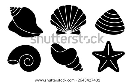 Sea shell black icon collection. Clam, starfish, seashell, conch, cockleshell