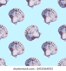 Sea Shell blaue Vektorgrafik nahtlose Muster Illustration. Perlmuschel, ozeanische oder marine Muschel Cockleshell Stoff Design. Reating Hintergrund, Muschel Textil. Muscheln, Muscheln.