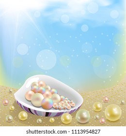 sea shell with a brown pattern with pearls inside lies on the sand on a  blue sky with white clouds
