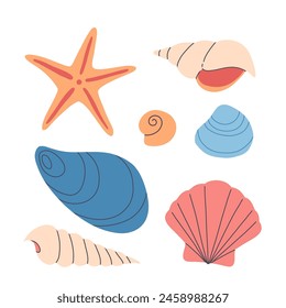 Sea shell cartoon icon. Ocean exotic underwater seashell conch aquatic mollusk, sea spiral snail collection. Tropical beach shells. Modern flat style isolated on white background. Vector illustration