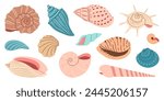 Sea shell cartoon set. Ocean exotic underwater seashell conch aquatic mollusk, sea spiral snail collection. Tropical beach shells. Modern flat style isolated on white background. Vector illustration 