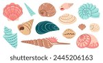 Sea shell cartoon set. Ocean exotic underwater seashell conch aquatic mollusk, sea spiral snail collection. Tropical beach shells. Modern flat style isolated on white background. Vector illustration 
