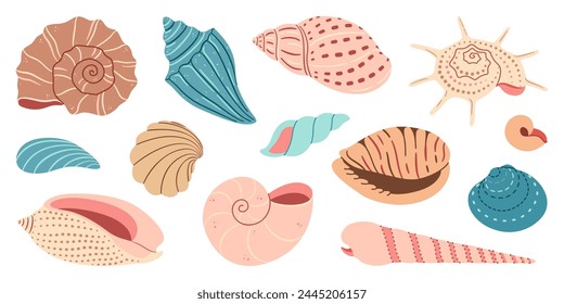 Sea shell cartoon set. Ocean exotic underwater seashell conch aquatic mollusk, sea spiral snail collection. Tropical beach shells. Modern flat style isolated on white background. Vector illustration 