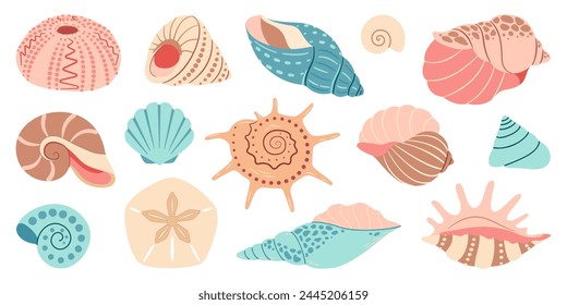 Sea shell cartoon set. Ocean exotic underwater seashell conch aquatic mollusk, sea spiral snail collection. Tropical beach shells. Modern flat style isolated on white background. Vector illustration 