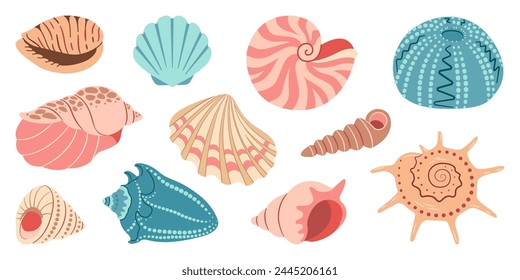 Sea shell cartoon set. Ocean exotic underwater seashell conch aquatic mollusk, sea spiral snail collection. Tropical beach shells. Modern flat style isolated on white background. Vector illustration 