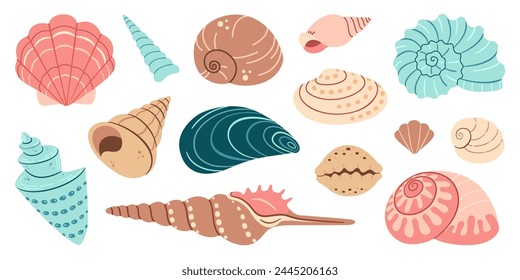 Sea shell cartoon set. Ocean exotic underwater seashell conch aquatic mollusk, sea spiral snail collection. Tropical beach shells. Modern flat style isolated on white background. Vector illustration 