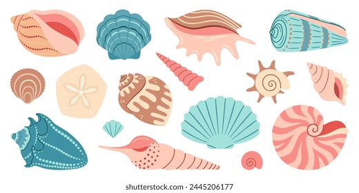 Conjunto de dibujos animados de concha marina. Océano exótico bajo el agua concha de concha de concha molusco acuático, colección de caracol de espiral de mar. Conchas de playa tropicales. Estilo plano moderno aislado sobre fondo blanco. Ilustración vectorial 