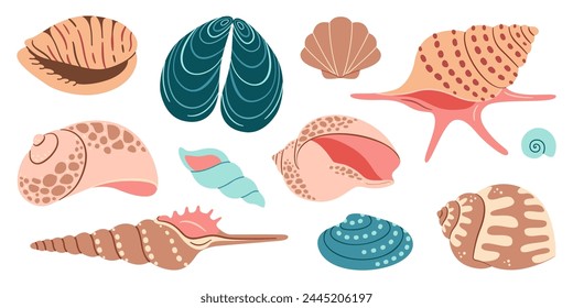 Sea shell cartoon set. Ocean exotic underwater seashell conch aquatic mollusk, sea spiral snail collection. Tropical beach shells. Modern flat style isolated on white background. Vector illustration 