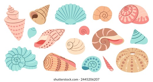 Sea shell cartoon set. Ocean exotic underwater seashell conch aquatic mollusk, sea spiral snail collection. Tropical beach shells. Modern flat style isolated on white background. Vector illustration 