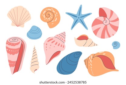 Conjunto de dibujos animados de concha marina. Océano exótico bajo el agua concha de concha de concha molusco acuático, colección de caracol de espiral de mar. Conchas de playa tropicales. Estilo plano moderno aislado sobre fondo blanco. Ilustración vectorial