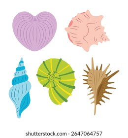 conjunto de desenho animado de concha do mar, concha de concha subaquática exótica do oceano molusco aquático, coleta de caracol espiral do mar, conchas de praia tropicais, ilustração de vetor plana isolada sobre fundo branco