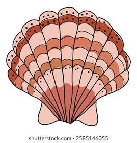 Sea shell, clam. Marine undersea mollusc. Scallop mollusk icon. Ocean underwater seashell. Exotic beach fan-shaped clamshell. Nautical shellfish. Flat vector illustration isolated on white background