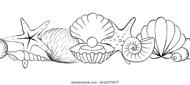 Sea shell close up seamless horizontal border. Vector graphic line ink pattern, summer background, great for textiles, banners, wallpapers. for banners, print for fabric, labels, t-shirt printing.
