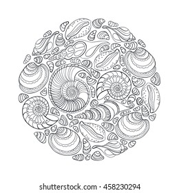 Sea shell collection in circle. Zen tangle. Coloring book page in doodle style for adult and children. Vector illustration. 