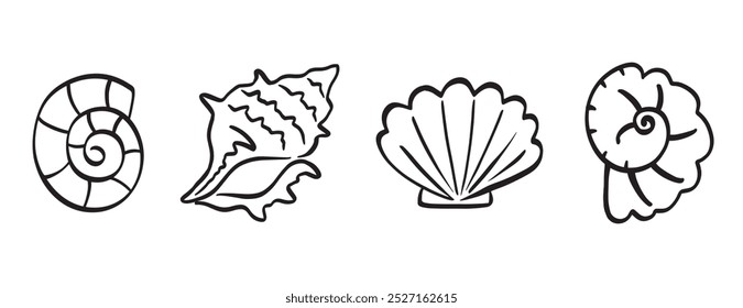 Concha de mar Colección Dibujado a mano Doodle Seashells Sketch Outline Icon Logo Design Set. Arte de Clip de Ilustración vectorial aislado en blanco. Estilo retro de Antiguas