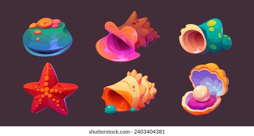 Sea shell and conch, starfish and pearl in clam game icons. Cartoon vector illustration set of marine underwater seashell for game ui design. Bright nautical or aquarium horned, spiral and scallop.