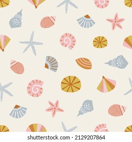 Sea shell Conch Starfish vector seamless pattern. Abstract cockleshells marine life background. Scandinavian decorative childish surface design for nautical nursery navy kids fabric.