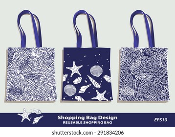 Sea Shell & Coral pattern shopping bag design vector template in indigo. Canvas tote bag set vector template. Original Shell & Coral patterns are complete, masked. Sea beach souvenir. Shell icon 