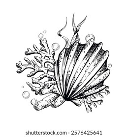 Sea shell, coral, sea sponge, algae, pebbles and bubbles. Hand drawn graphic illustration in black and white color line art. Sublimation arrangement on marine theme