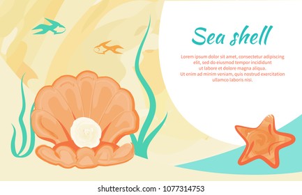 Sea shell creative poster with highly valued gemstone in open seashelleisure fish swimming underwater on background and star with place for text