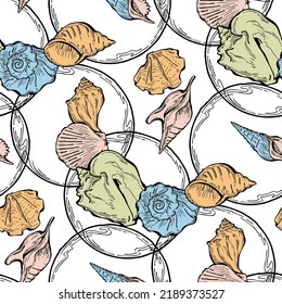 Sea shell decorative seamless abstract vector pattern. Summer beach holiday, ocean scuba diving, snorkeling theme for textile print, fabric design, wallpaper background, wrapping paper, trendy fashion