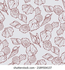 Sea shell decorative seamless abstract pattern. Summer beach holiday, ocean scuba diving and snorkeling theme for textile print, fabric design, wallpaper, background, wrapping paper, trendy fashion.