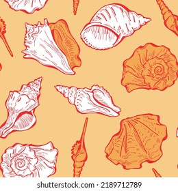 Sea shell decorative seamless abstract vector pattern. Summer beach holiday, ocean scuba diving, snorkeling theme for textile print, fabric design, wallpaper background, wrapping paper, trendy fashion