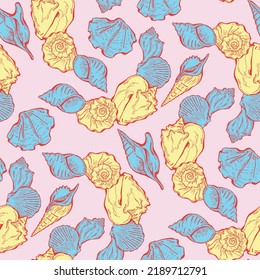 Sea shell decorative seamless abstract vector pattern. Summer beach holiday, ocean scuba diving, snorkeling theme for textile print, fabric design, wallpaper background, wrapping paper, trendy fashion