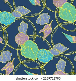 Sea shell decorative seamless abstract vector pattern. Summer beach holiday, ocean scuba diving, snorkeling theme for textile print, fabric design, wallpaper background, wrapping paper, trendy fashion