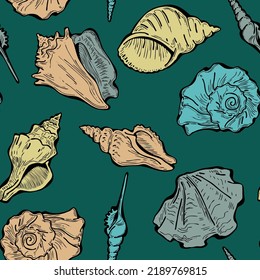 Sea shell decorative seamless abstract vector pattern. Summer beach holiday, ocean scuba diving, snorkeling theme for textile print, fabric design, wallpaper background, wrapping paper, trendy fashion