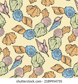 Sea shell decorative seamless abstract vector pattern. Summer beach holiday, ocean scuba diving, snorkeling theme for textile print, fabric design, wallpaper background, wrapping paper, trendy fashion