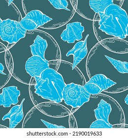 Sea shell decorative seamless abstract vector pattern. Summer beach holiday, ocean scuba diving, snorkeling theme for textile print, fabric design, wallpaper background, wrapping paper, trendy fashion