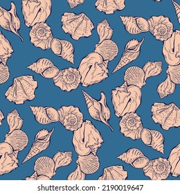 Sea shell decorative seamless abstract vector pattern. Summer beach holiday, ocean scuba diving, snorkeling theme for textile print, fabric design, wallpaper background, wrapping paper, trendy fashion