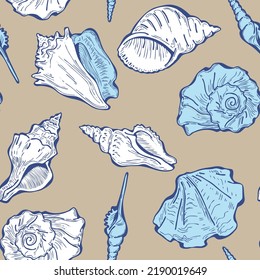 Sea shell decorative seamless abstract vector pattern. Summer beach holiday, ocean scuba diving, snorkeling theme for textile print, fabric design, wallpaper background, wrapping paper, trendy fashion