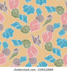 Sea shell decorative seamless abstract vector pattern. Summer beach holiday, ocean scuba diving, snorkeling theme for textile print, fabric design, wallpaper background, wrapping paper, trendy fashion