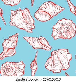 Sea shell decorative seamless abstract vector pattern. Summer beach holiday, ocean scuba diving, snorkeling theme for textile print, fabric design, wallpaper background, wrapping paper, trendy fashion