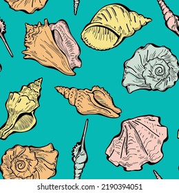 Sea shell decorative seamless abstract vector pattern. Summer beach holiday, ocean scuba diving, snorkeling theme for textile print, fabric design, wallpaper background, wrapping paper, trendy fashion