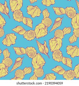 Sea shell decorative seamless abstract vector pattern. Summer beach holiday, ocean scuba diving, snorkeling theme for textile print, fabric design, wallpaper background, wrapping paper, trendy fashion