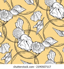 Sea shell decorative seamless abstract vector pattern. Summer beach holiday, ocean scuba diving, snorkeling theme for textile print, fabric design, wallpaper background, wrapping paper, trendy fashion