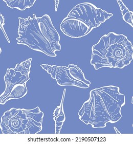 Sea shell decorative seamless abstract vector pattern. Summer beach holiday, ocean scuba diving, snorkeling theme for textile print, fabric design, wallpaper background, wrapping paper, trendy fashion