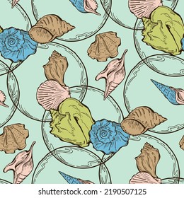 Sea shell decorative seamless abstract vector pattern. Summer beach holiday, ocean scuba diving, snorkeling theme for textile print, fabric design, wallpaper background, wrapping paper, trendy fashion