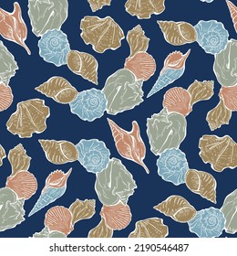 Sea shell decorative seamless abstract vector pattern. Summer beach holiday, ocean scuba diving, snorkeling theme for textile print, fabric design, wallpaper background, wrapping paper, trendy fashion