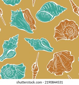 Sea shell decorative seamless abstract vector pattern. Summer beach holiday, ocean scuba diving, snorkeling theme for textile print, fabric design, wallpaper background, wrapping paper, trendy fashion