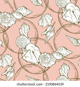 Sea shell decorative seamless abstract vector pattern. Summer beach holiday, ocean scuba diving, snorkeling theme for textile print, fabric design, wallpaper background, wrapping paper, trendy fashion