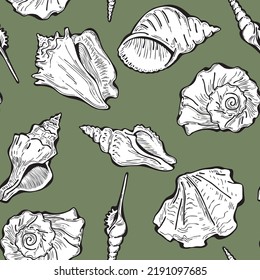 Sea shell decorative seamless abstract vector pattern. Summer beach holiday, ocean scuba diving, snorkeling theme for textile print, fabric design, wallpaper background, wrapping paper, trendy fashion