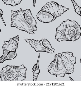 Sea shell decorative seamless abstract vector pattern. Summer beach holiday, ocean scuba diving, snorkeling theme for textile print, fabric design, wallpaper background, wrapping paper, trendy fashion