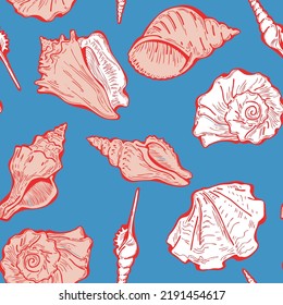 Sea shell decorative seamless abstract vector pattern. Summer beach holiday, ocean scuba diving, snorkeling theme for textile print, fabric design, wallpaper background, wrapping paper, trendy fashion