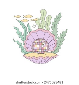 Sea shell with disco ball perle vector illustration. Groovy underwater pre-made card 