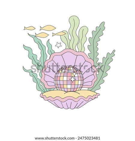 Sea shell with disco ball perle vector illustration. Groovy underwater pre-made card 